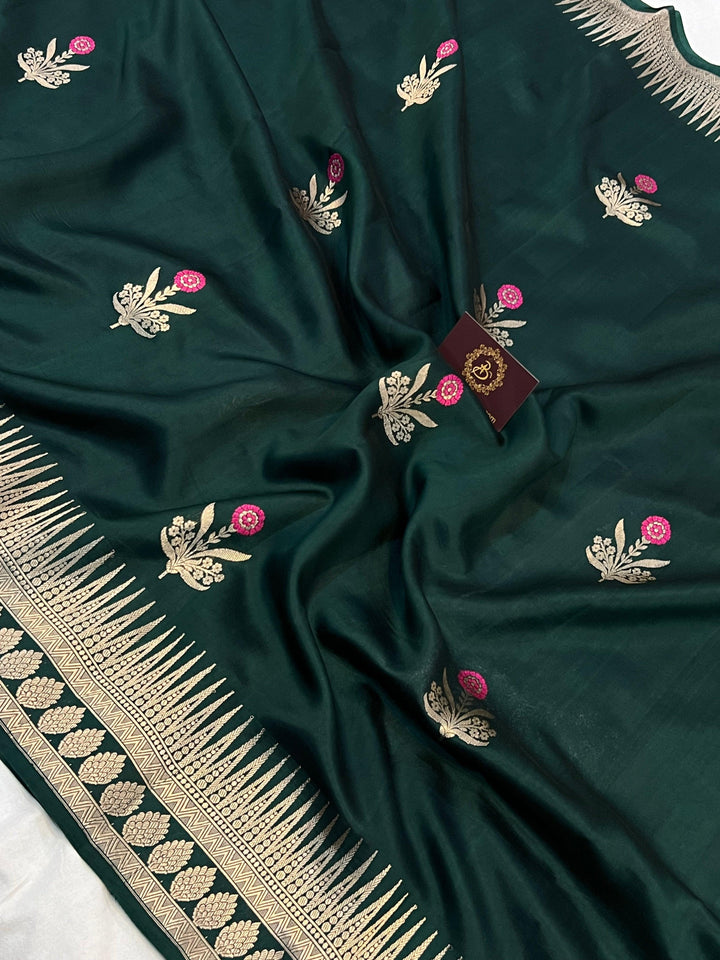 Bottle Green Pure Banarasi Handloom Silk Saree | Aura Benaras