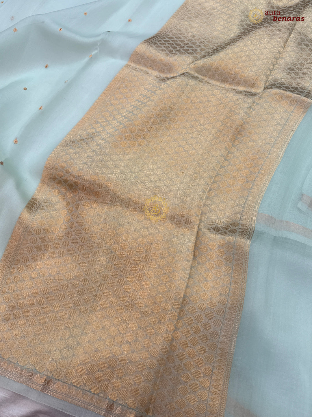Pastel Mint Green Kora Silk Banarasi Saree with Zari Butis 