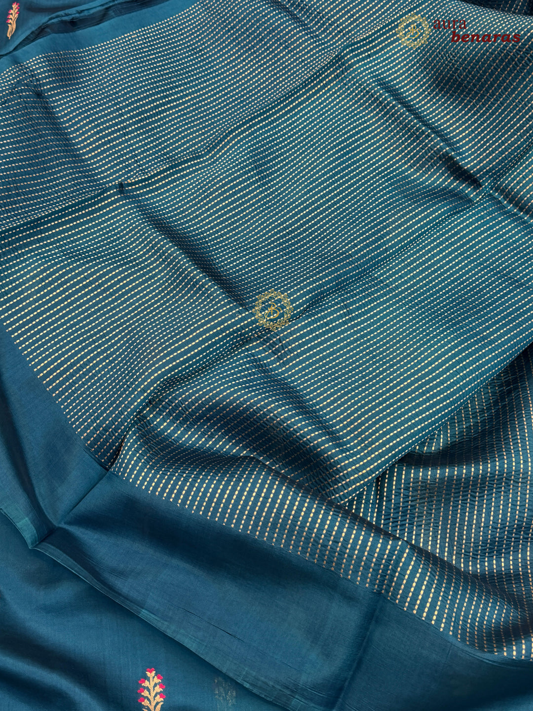 Teal Blue Pure Silk Handloom Banarasi Saree - AuraBenaras