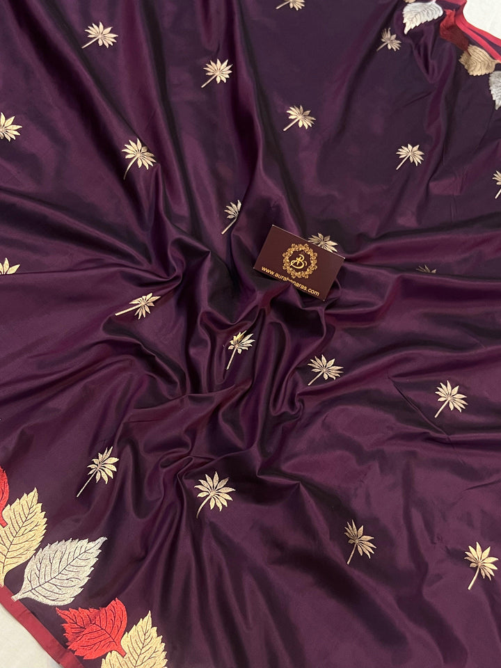 Wine Banarasi Handloom Katan Silk Saree - Aura Benaras