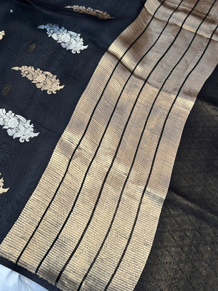 Black Pure Kora Silk Handloom Banarasi Saree