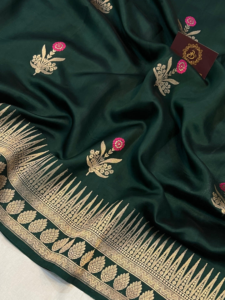 Bottle Green Pure Banarasi Handloom Silk Saree | Aura Benaras