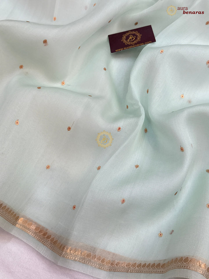 Pastel Mint Green Kora Silk Banarasi Saree with Zari Butis 