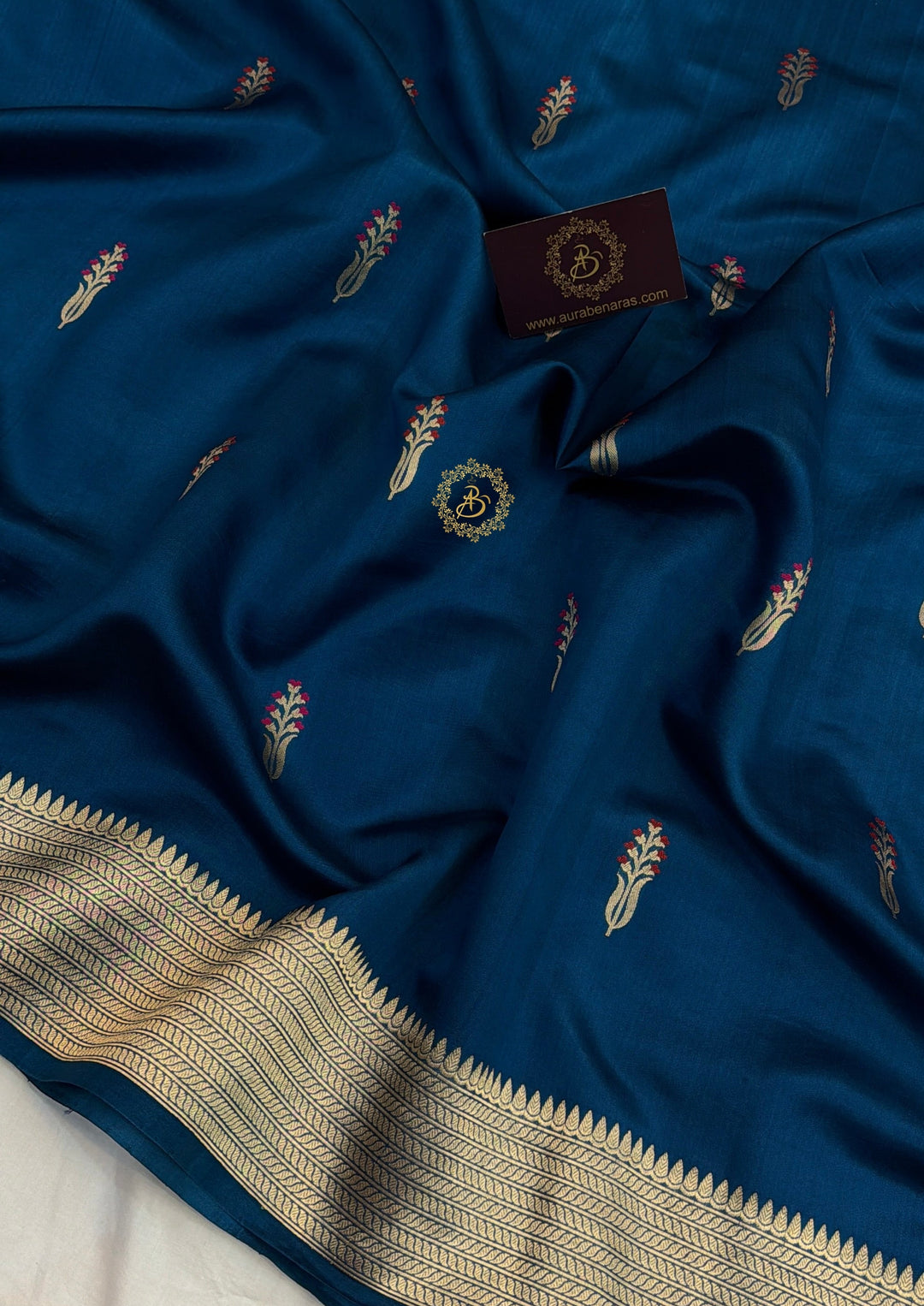 Teal Blue Pure Silk Handloom Banarasi Saree - AuraBenaras