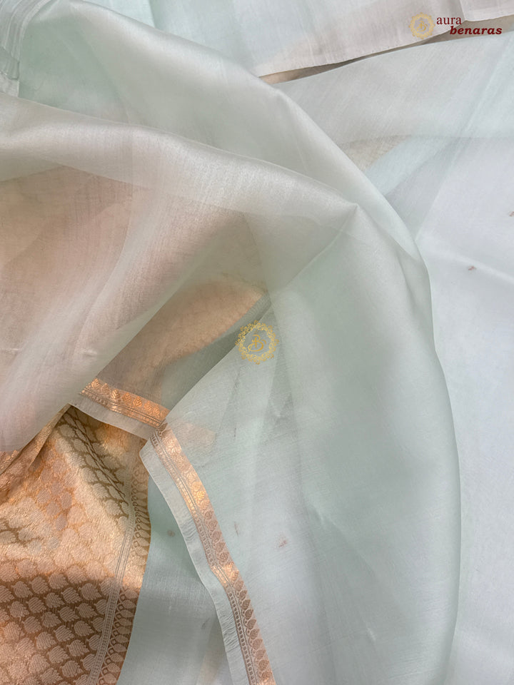 Pastel Mint Green Kora Silk Banarasi Saree with Zari Butis 