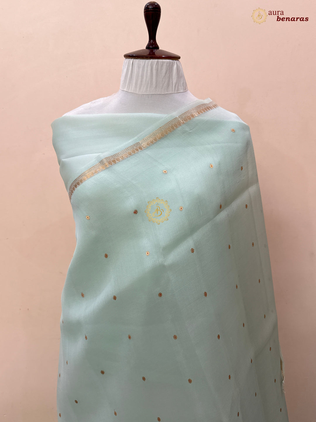 Pastel Mint Green Kora Silk Banarasi Saree with Zari Butis 
