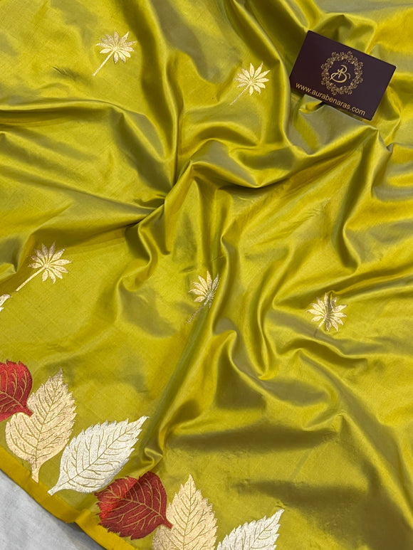 Yellowish Green Banarasi Handloom Katan Silk Saree - Aura Benaras