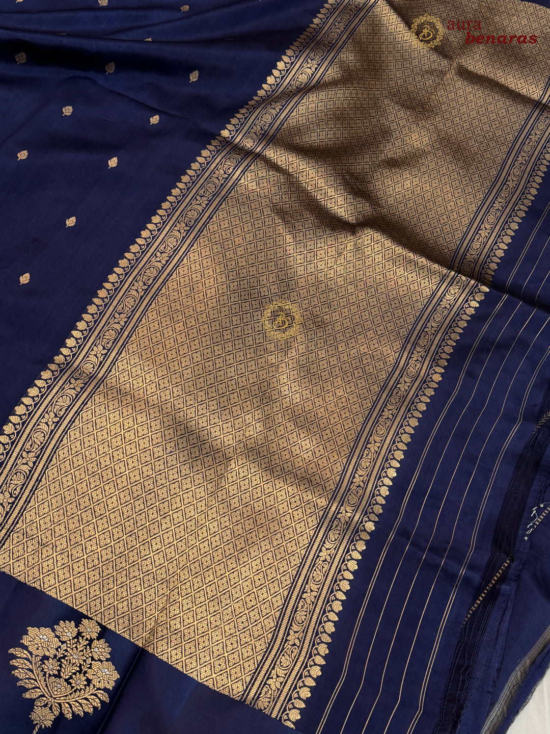 Navy Blue Pure Banarasi Handloom Silk Saree - Aura Benaras
