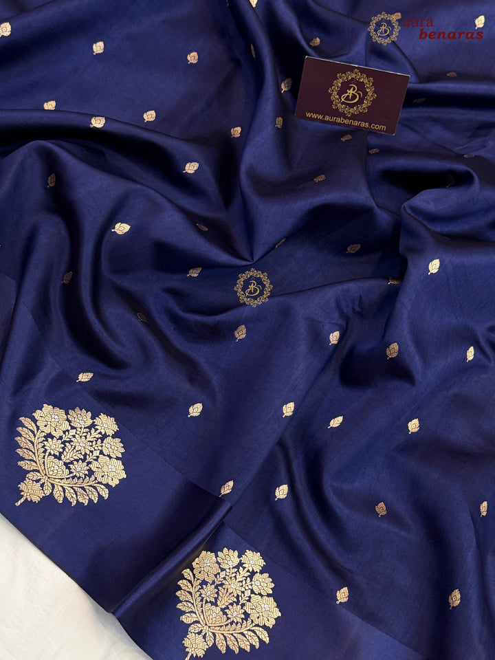 Navy Blue Pure Banarasi Handloom Silk Saree - Aura Benaras