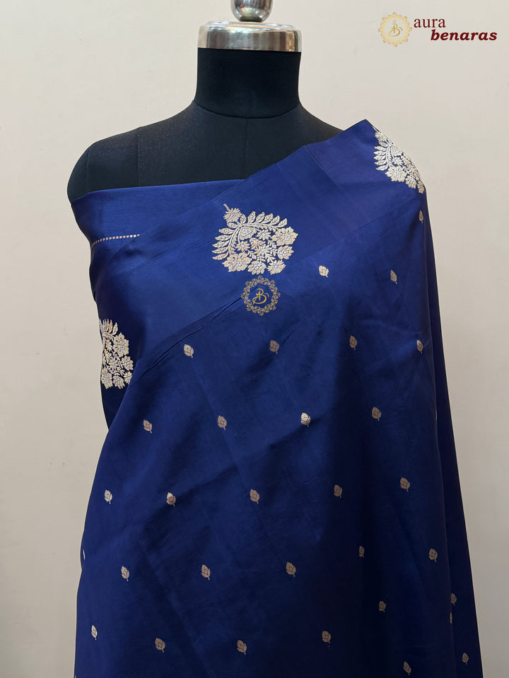 Navy Blue Pure Banarasi Handloom Silk Saree - Aura Benaras