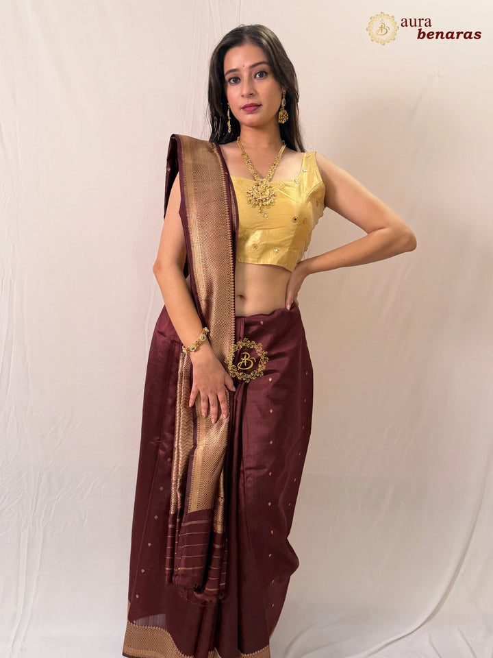 Coffee Brown Pure Silk Handloom Banarasi Saree with Golden Zari