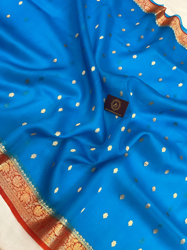 Firozi Blue Pure Kora Silk Handloom Banarasi Saree