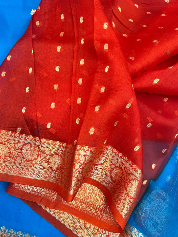 Firozi Blue Pure Kora Silk Handloom Banarasi Saree
