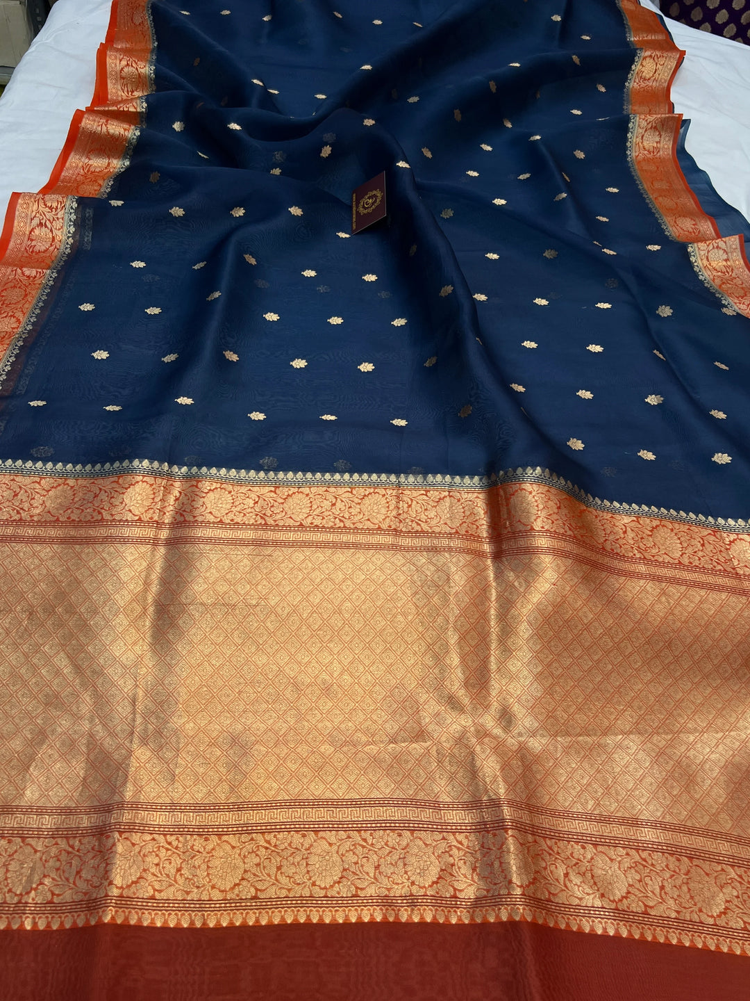 Navy Blue Pure Kora Silk Handloom Banarasi Saree