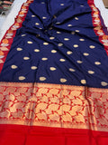 Navy Blue Banarasi Handloom Katan Silk Saree - Aura Benaras