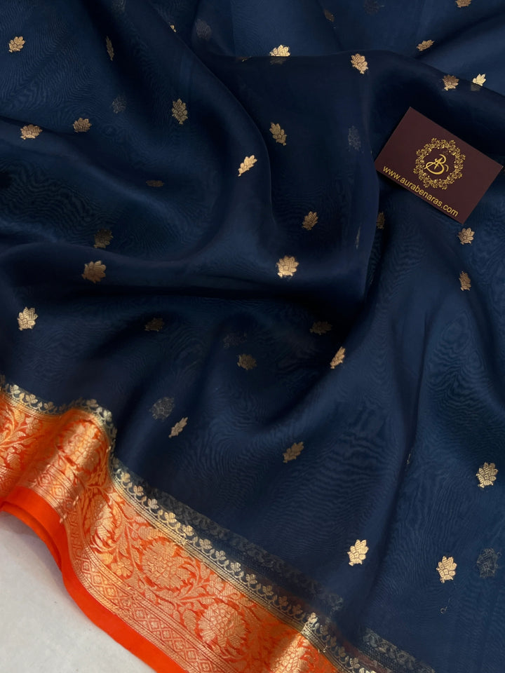 Navy Blue Pure Kora Silk Handloom Banarasi Saree