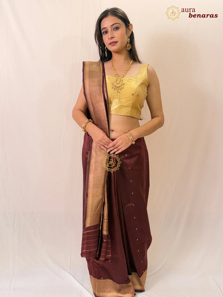 Coffee Brown Pure Silk Handloom Banarasi Saree with Golden Zari