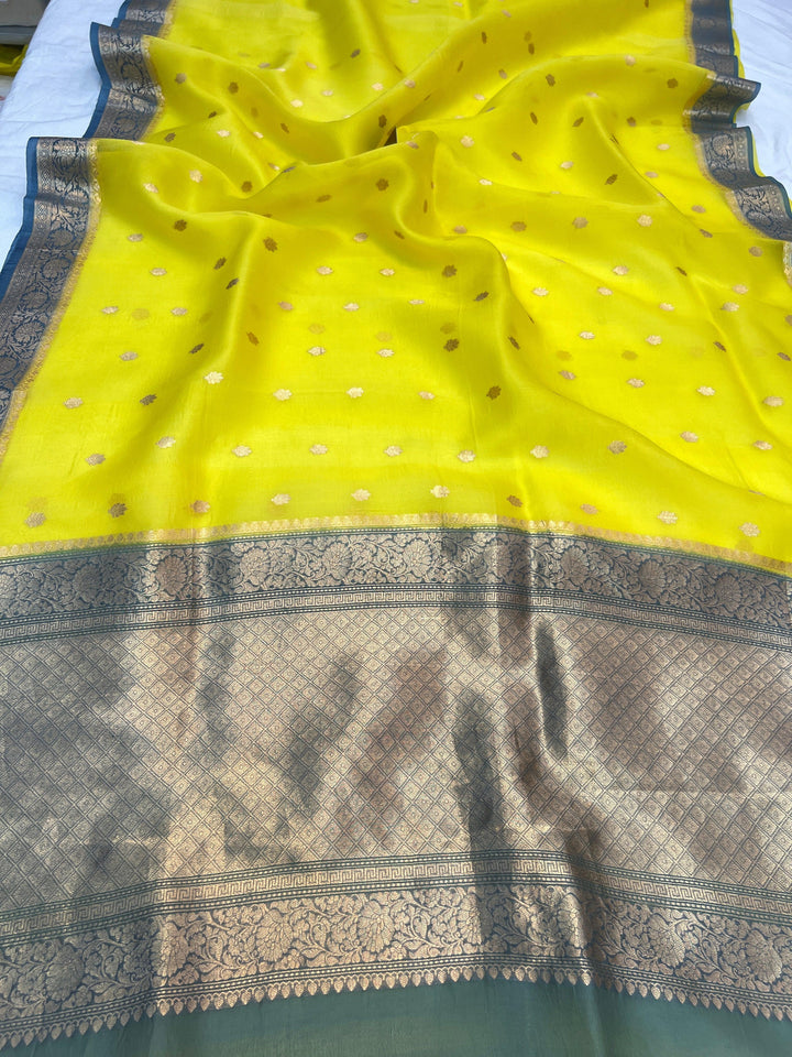 Lemon Yellow Pure Kora Silk Handloom Banarasi Saree