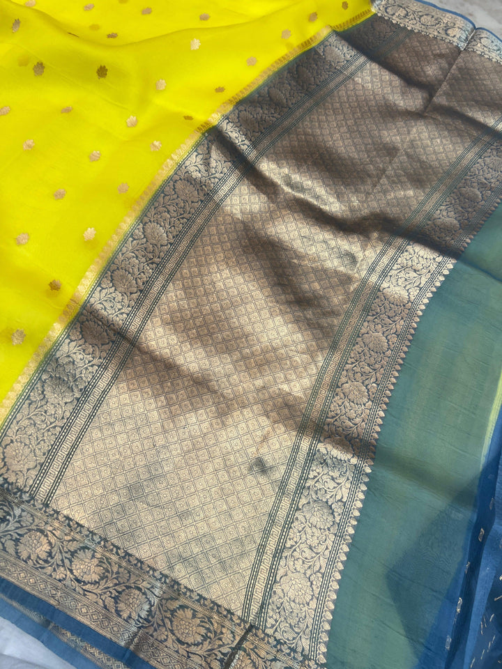 Lemon Yellow Pure Kora Silk Handloom Banarasi Saree