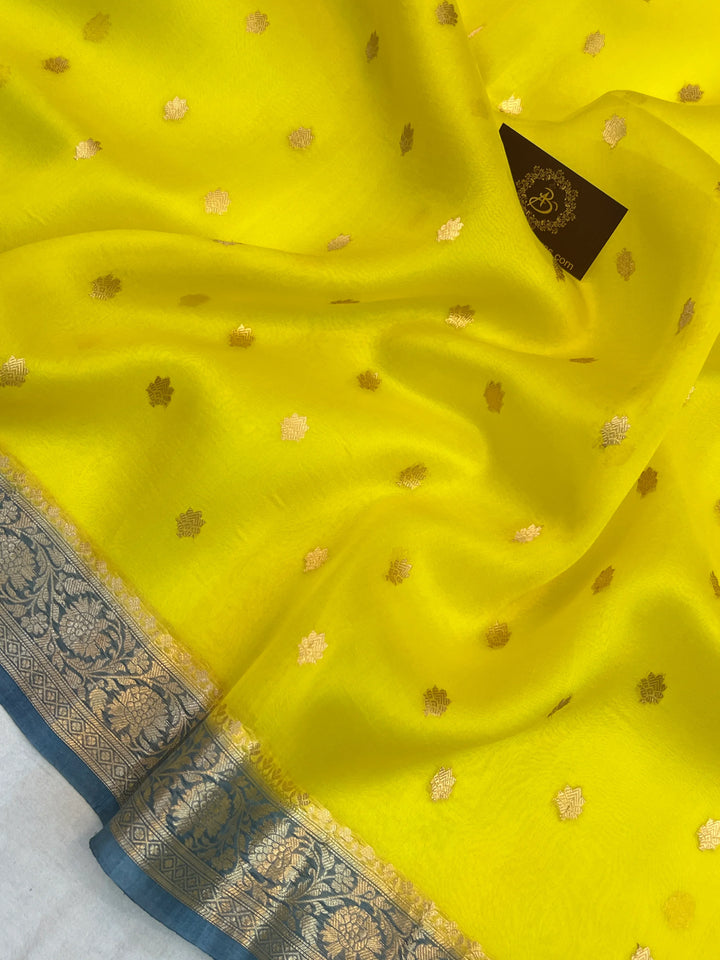Lemon Yellow Pure Kora Silk Handloom Banarasi Saree