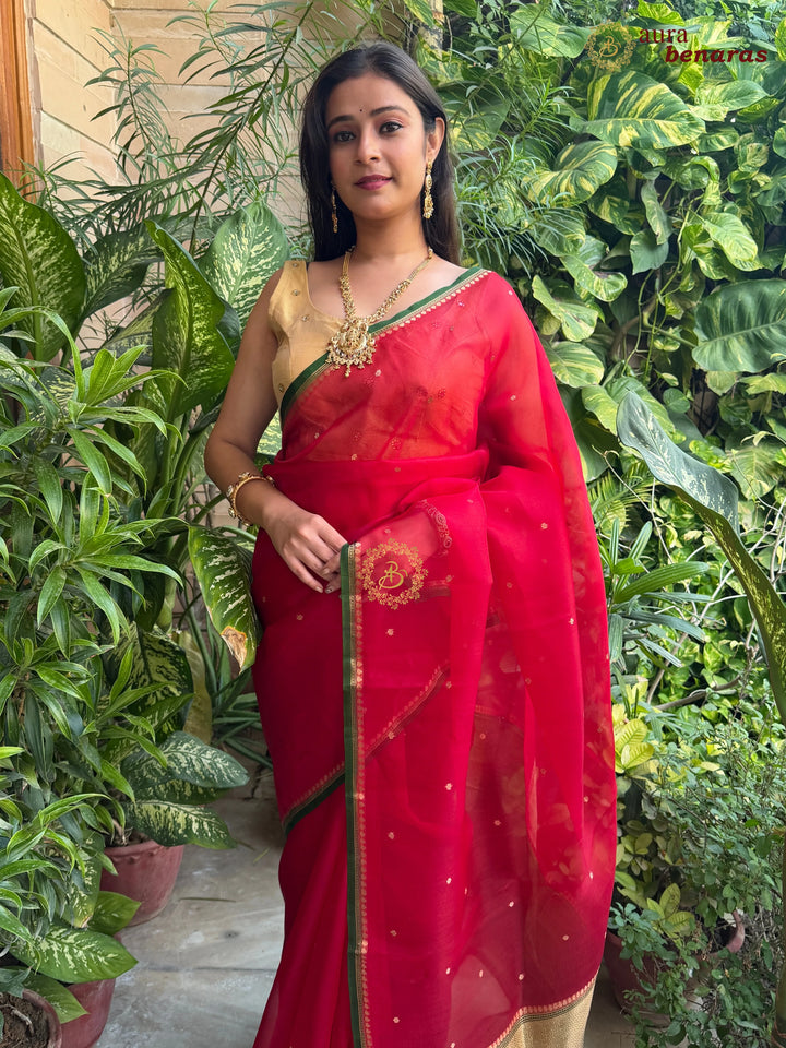 Red Kora Silk Banarasi Saree with Zari Butis & Border
