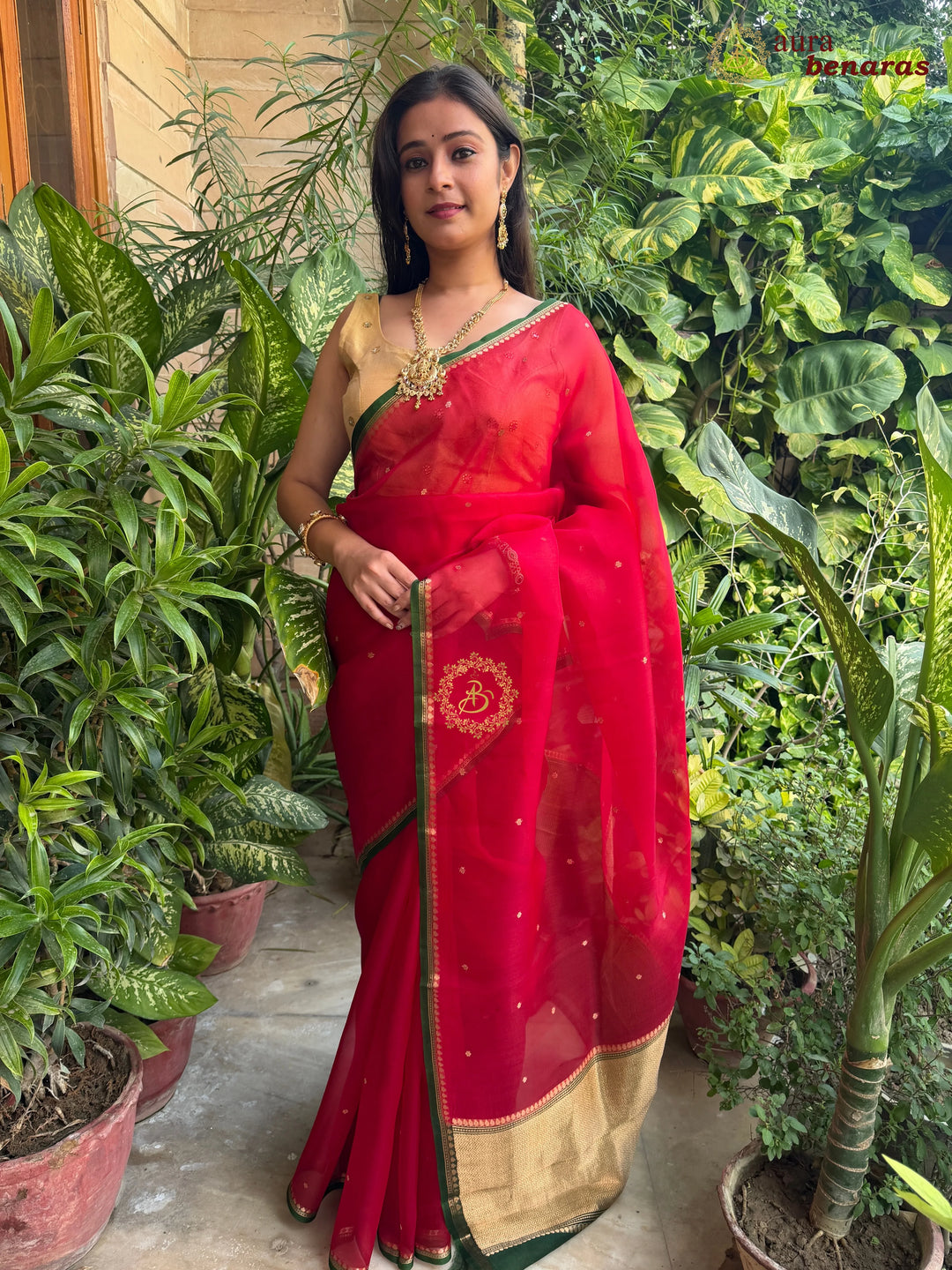 Red Kora Silk Banarasi Saree with Zari Butis & Border