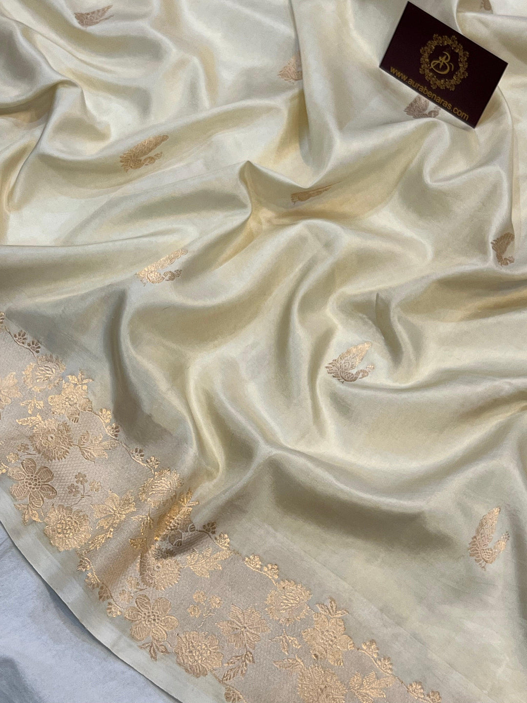 Buy Cream Pure Banarasi Handloom Katan Silk Saree | Aura Benaras