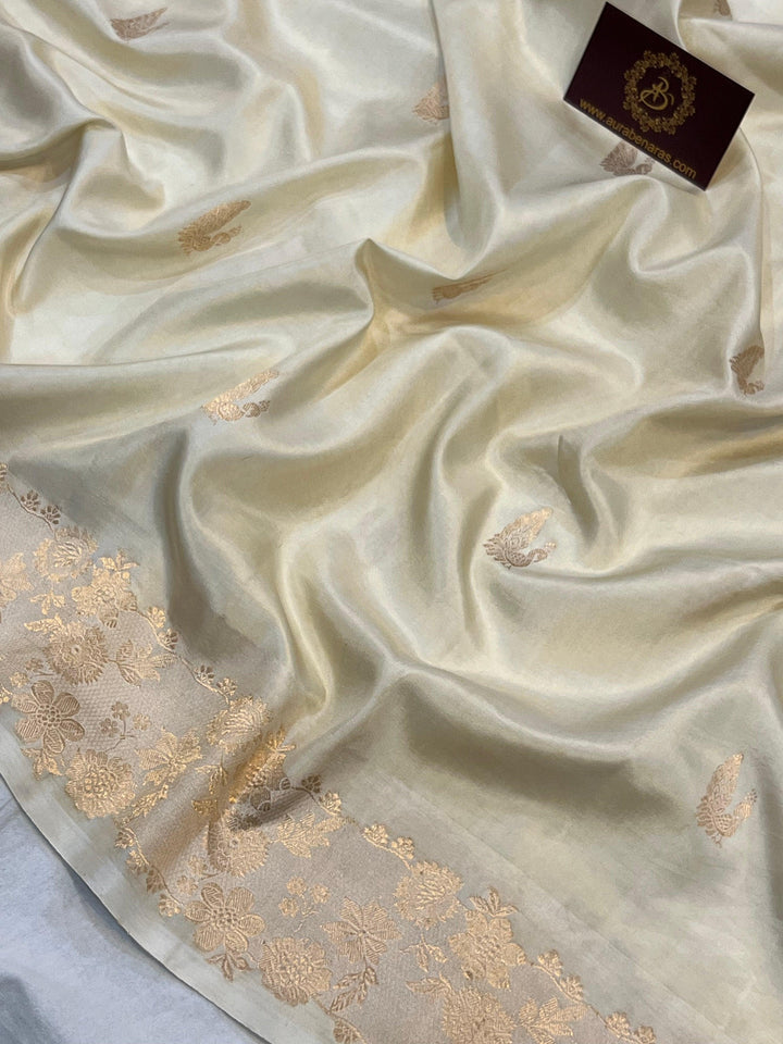 Buy Cream Pure Banarasi Handloom Katan Silk Saree | Aura Benaras