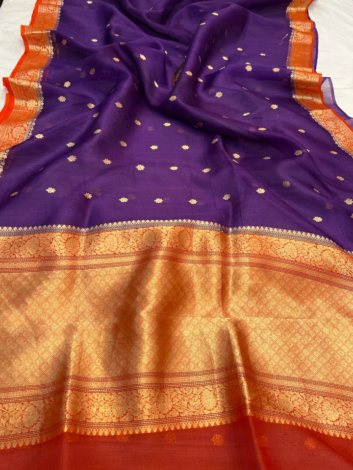 Purple Banarasi Handloom Kora Silk Saree