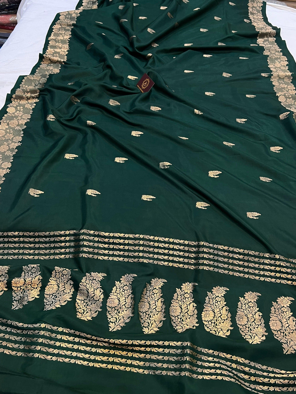 Bottle Green Pure Banarasi Handloom Katan Silk Saree | Aura Benaras