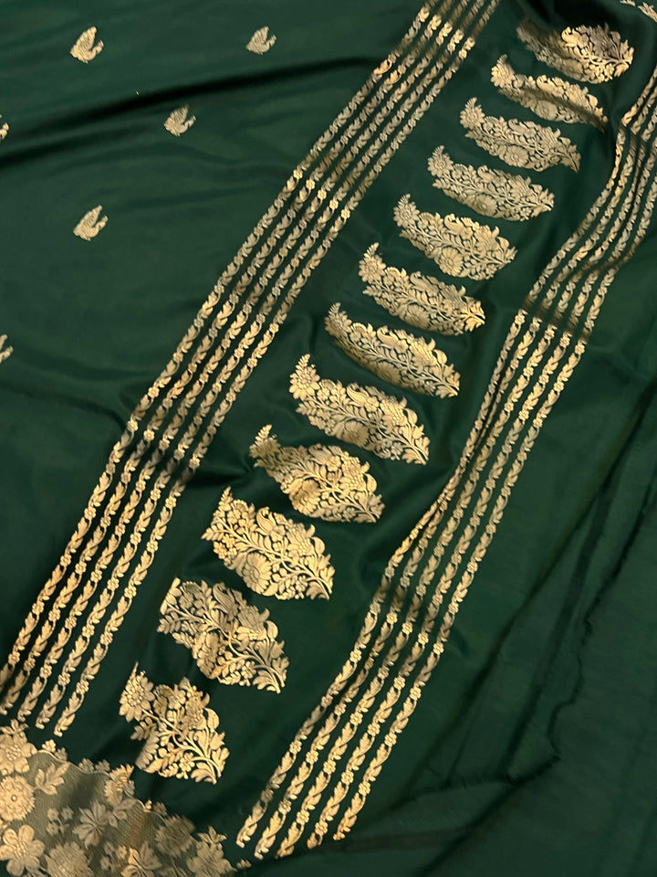 Bottle Green Pure Banarasi Handloom Katan Silk Saree | Aura Benaras