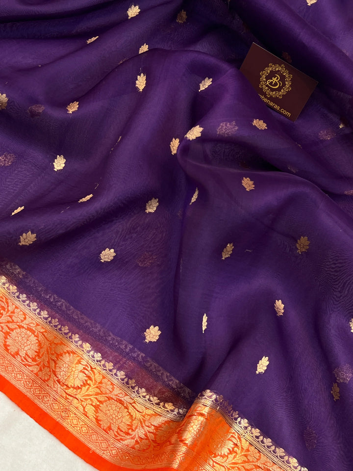 Purple Banarasi Handloom Kora Silk Saree