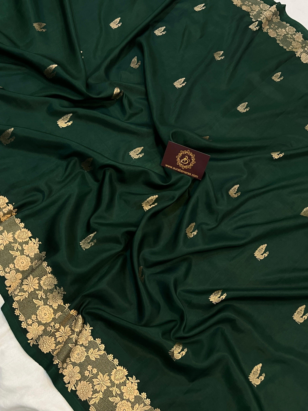 Bottle Green Pure Banarasi Handloom Katan Silk Saree | Aura Benaras