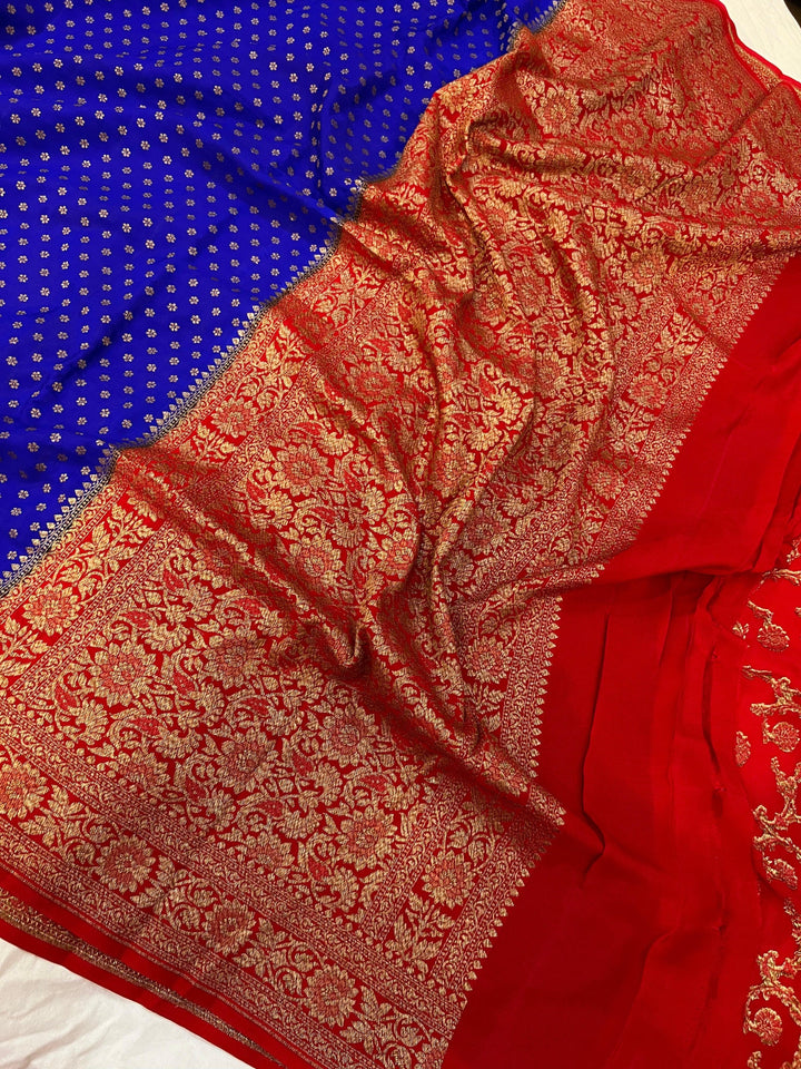 Royal Blue Pure Banarasi Khaddi Crepe Silk Saree - Aura Benaras