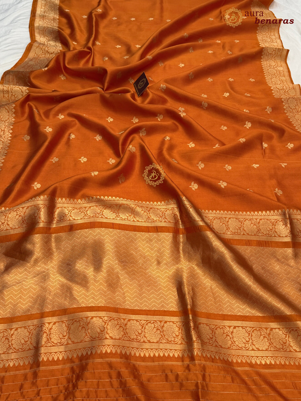 Buy Orange Pure Banarasi Handloom Silk Saree Aura Benaras