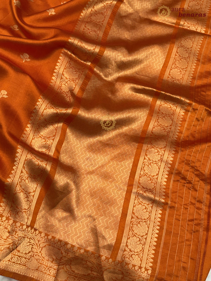 Buy Orange Pure Banarasi Handloom Silk Saree Aura Benaras