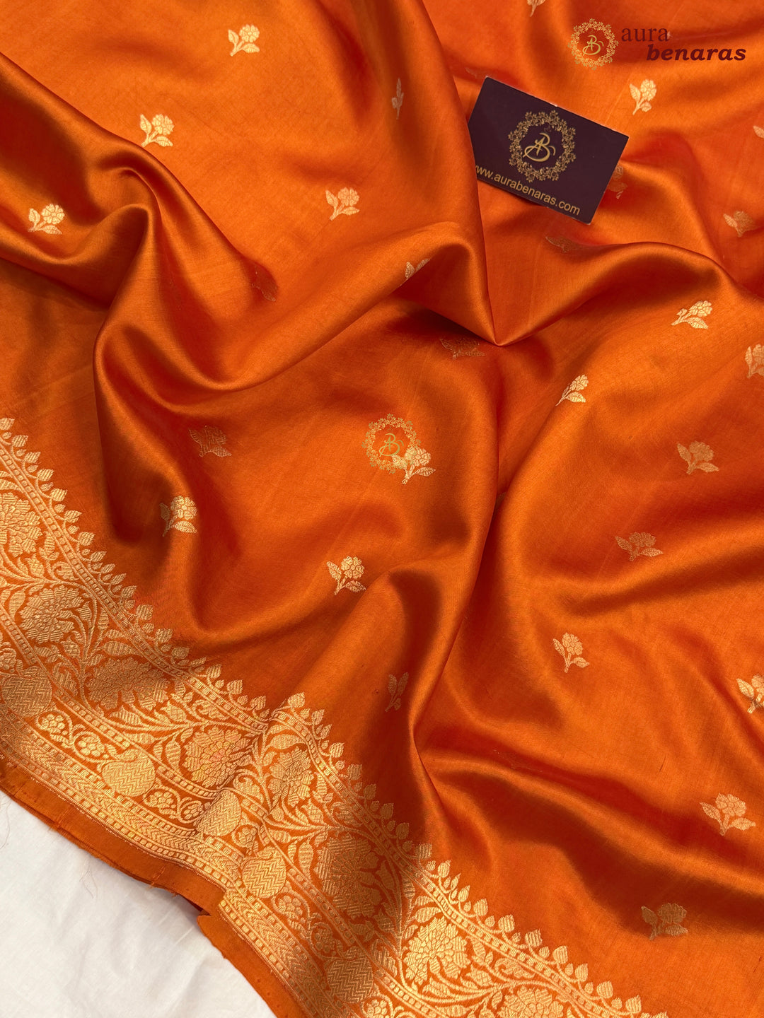 Buy Orange Pure Banarasi Handloom Silk Saree Aura Benaras