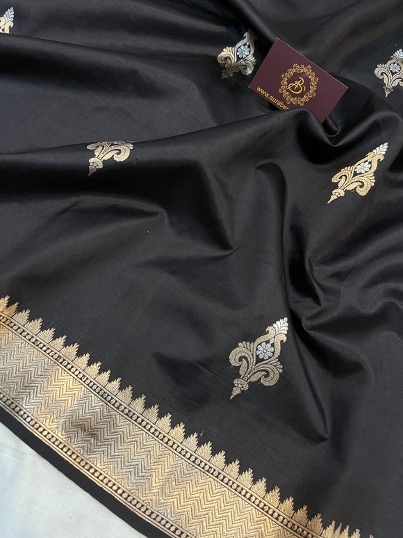 Black Pure Banarasi Handloom Silk Saree - Aura Benaras