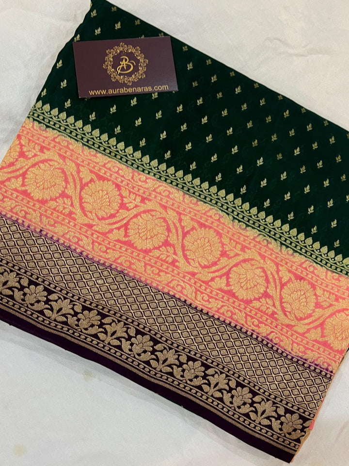Bottle Green Pure Banarasi Khaddi Crepe Silk Saree - Aura Benaras