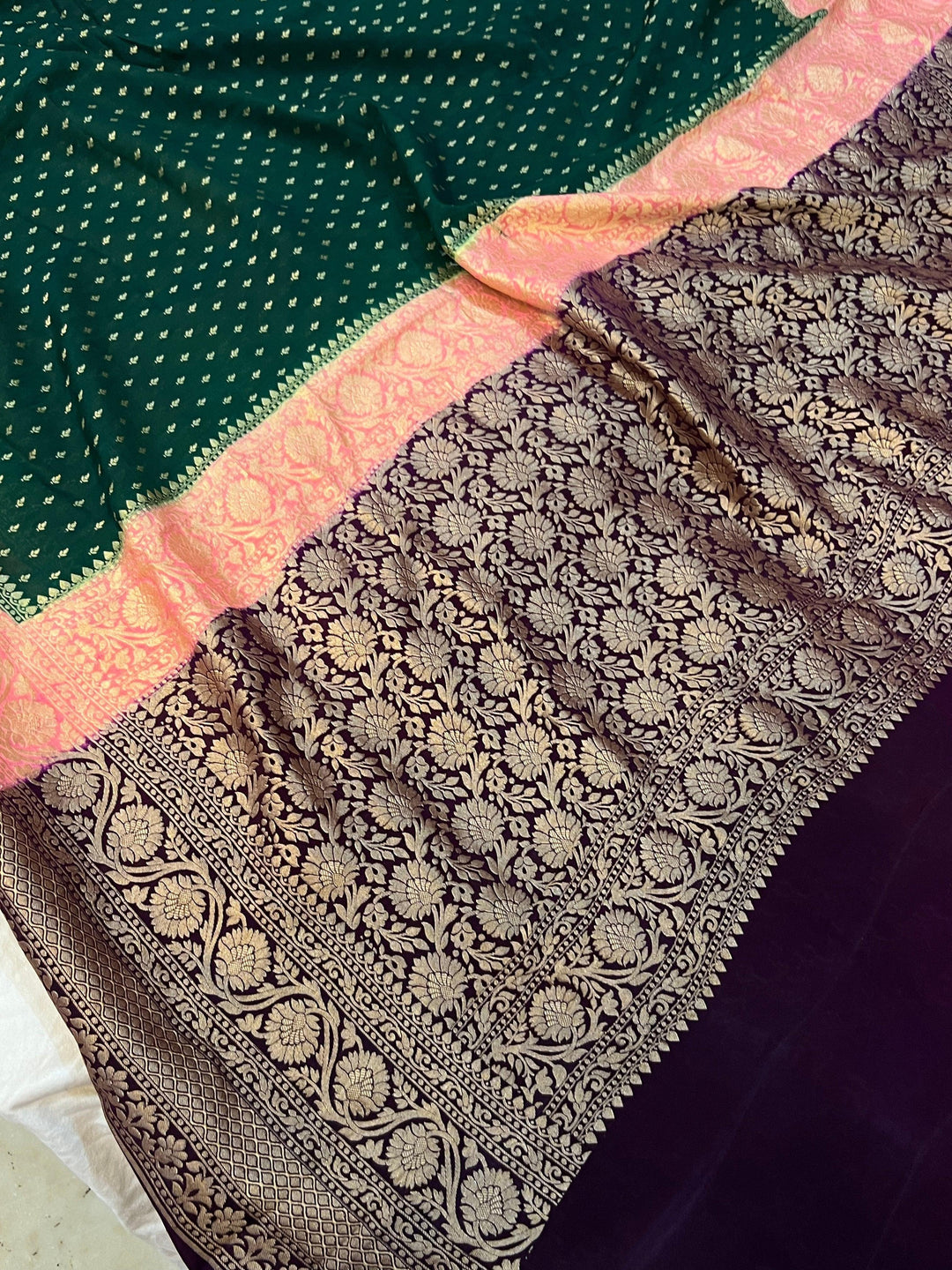 Bottle Green Pure Banarasi Khaddi Crepe Silk Saree - Aura Benaras