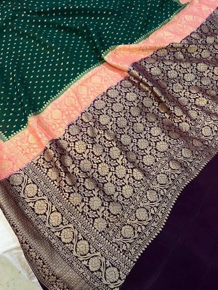 Bottle Green Pure Banarasi Khaddi Crepe Silk Saree - Aura Benaras