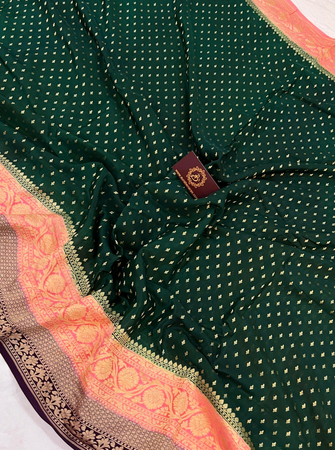 Bottle Green Pure Banarasi Khaddi Crepe Silk Saree - Aura Benaras