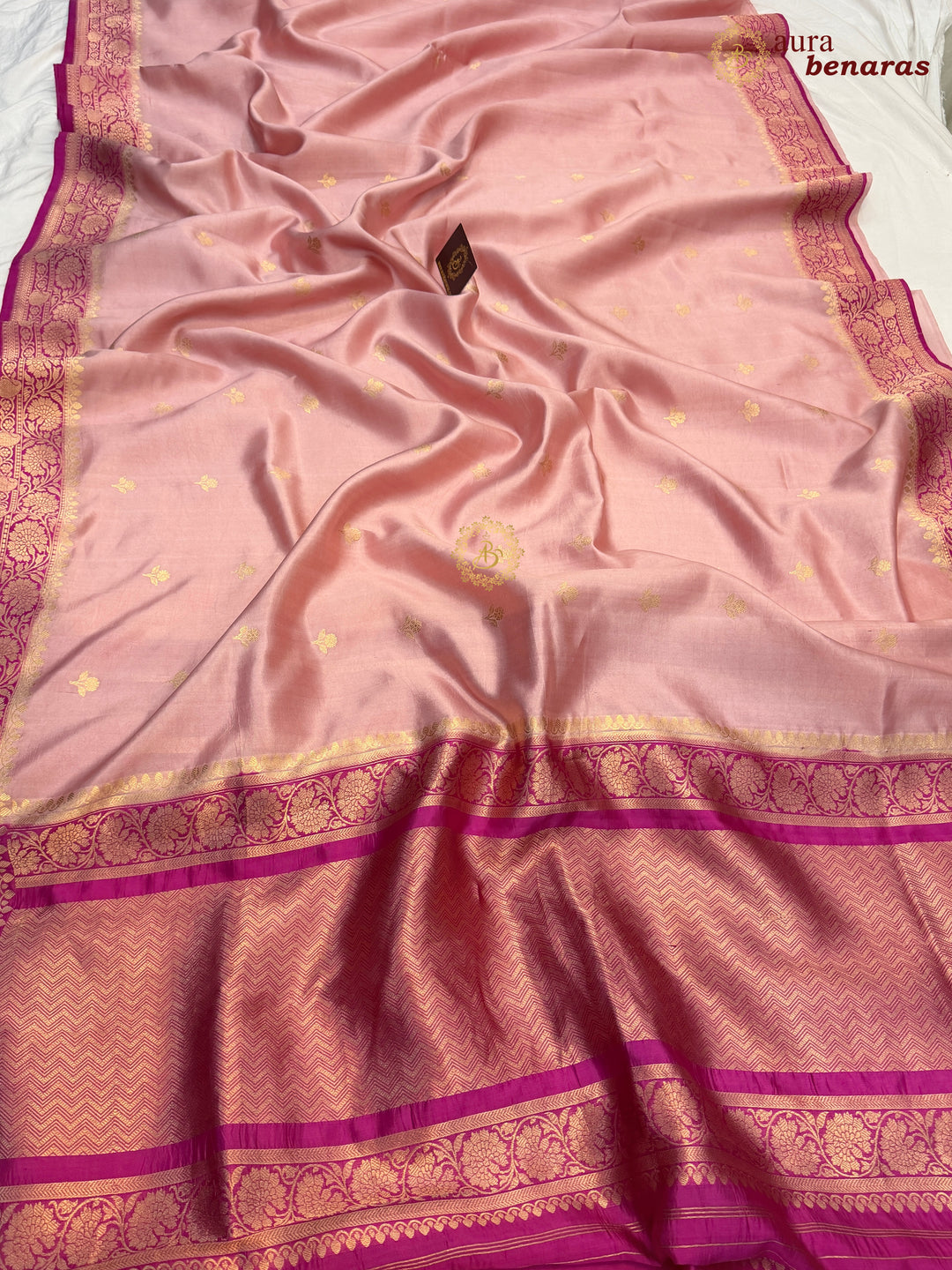 Buy Nude Pink Pure Banarasi Handloom Silk Saree Aura Benaras