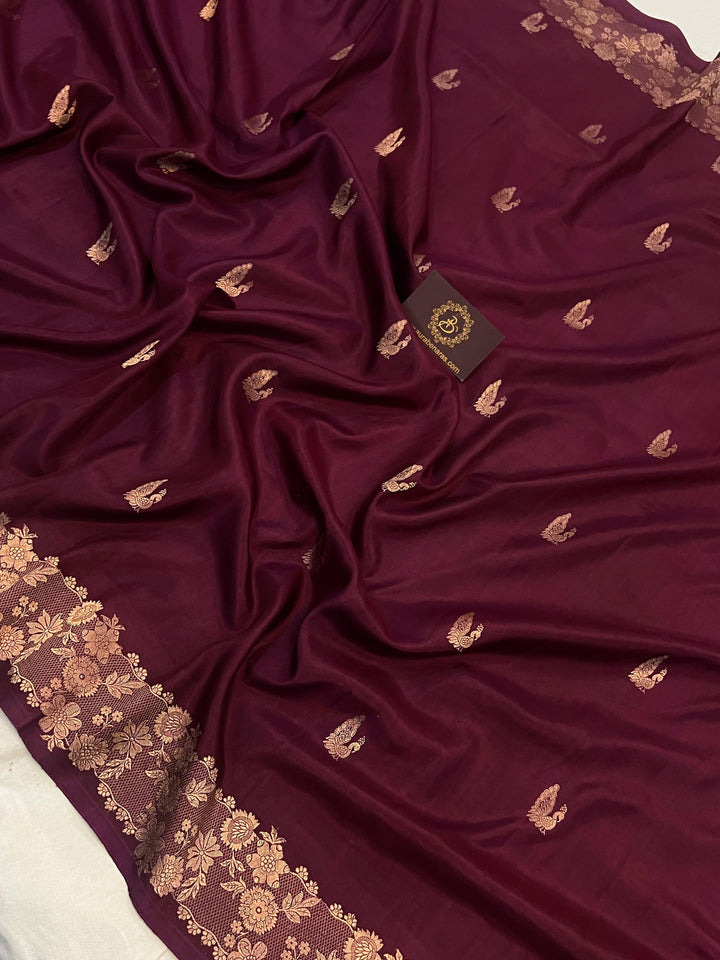 Wine Pure Banarasi Handloom Katan Silk Saree | Aura Benaras