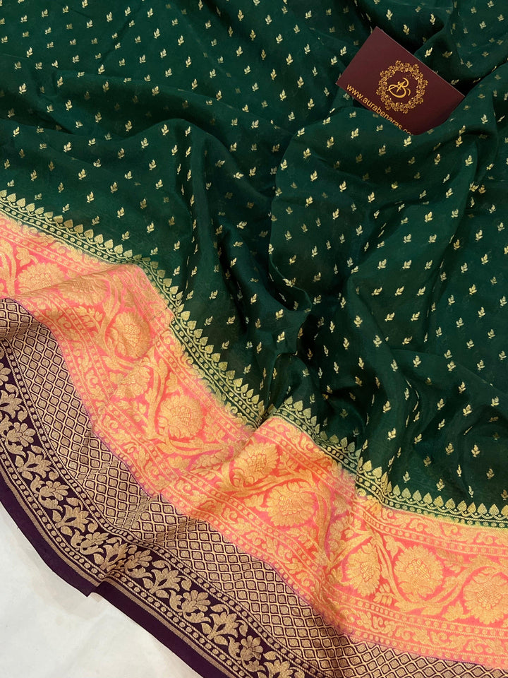 Bottle Green Pure Banarasi Khaddi Crepe Silk Saree - Aura Benaras