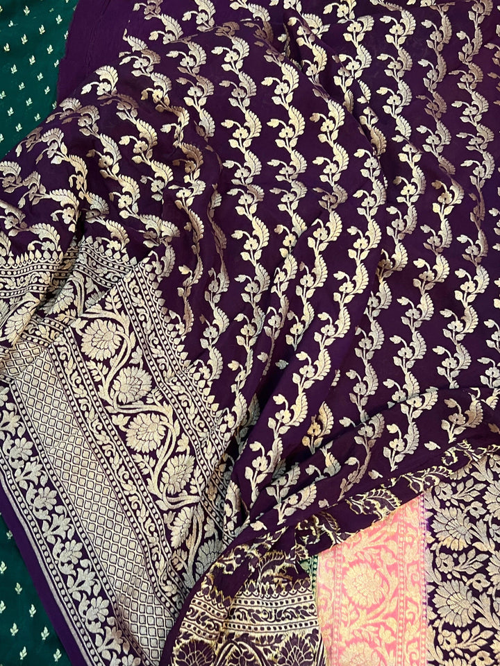 Bottle Green Pure Banarasi Khaddi Crepe Silk Saree - Aura Benaras