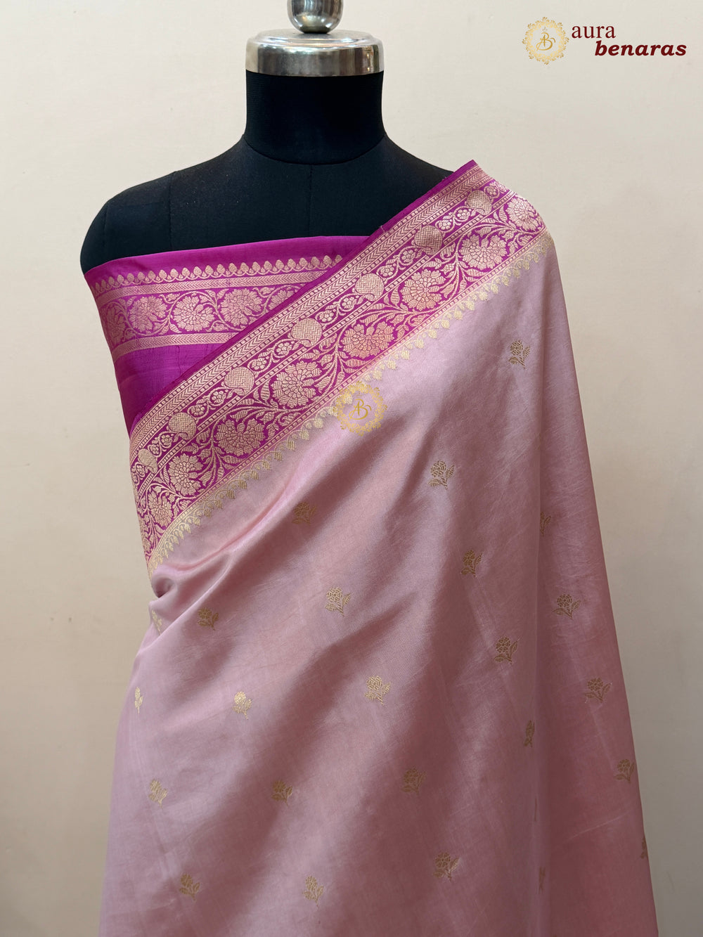 Buy Nude Pink Pure Banarasi Handloom Silk Saree Aura Benaras