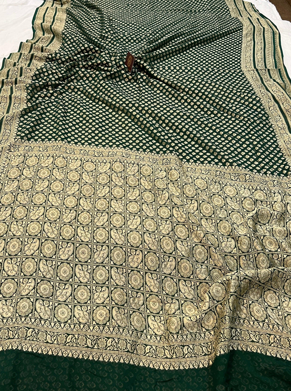 Bottle Green Pure Banarasi Khaddi Georgette Saree - Aura Benaras