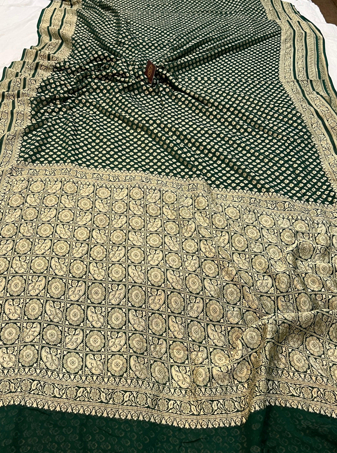 Bottle Green Pure Banarasi Khaddi Georgette Saree - Aura Benaras