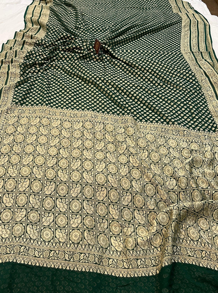 Bottle Green Pure Banarasi Khaddi Georgette Saree - Aura Benaras